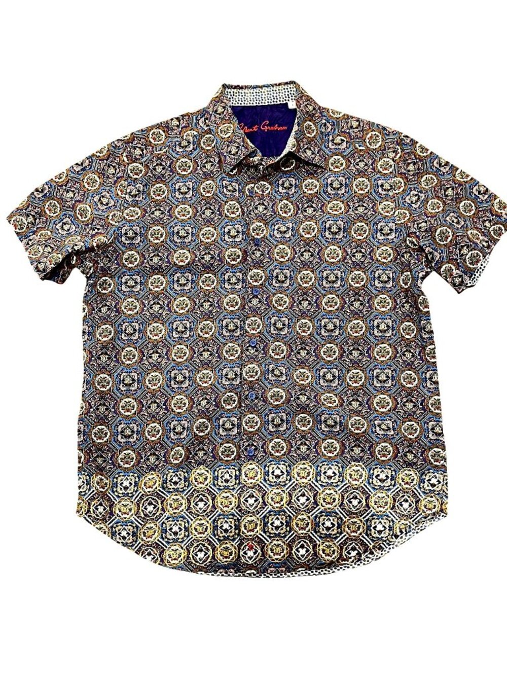 Robert Graham NWOT short sleeve mens geo print, embroidered button down shirt, L